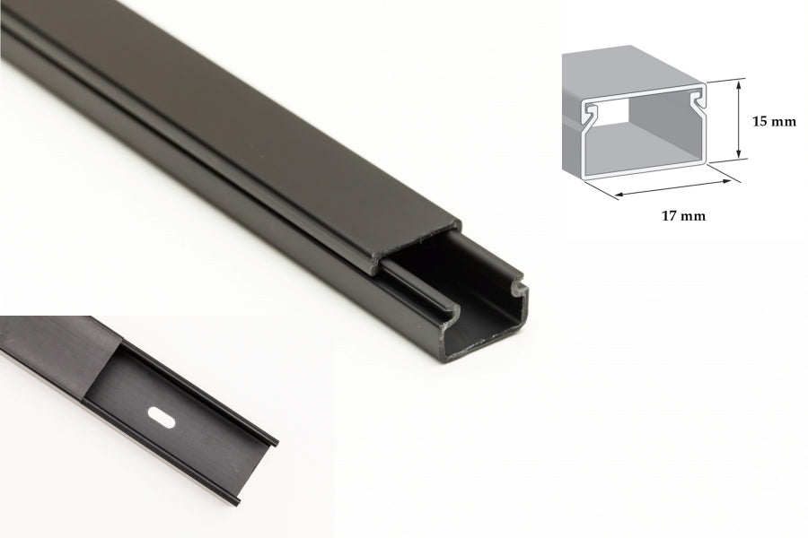 Mini Cable Trunking Black - 1m & 2m Length - PVC Srew Fix Wire Conduit Plastic Cover