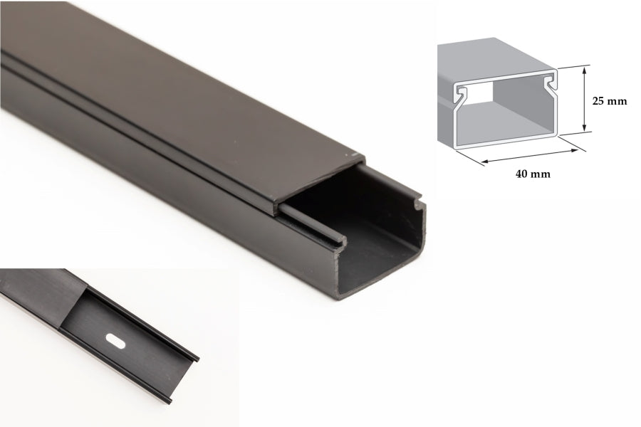 Mini Cable Trunking Black - 1m & 2m Length - PVC Srew Fix Wire Conduit Plastic Cover