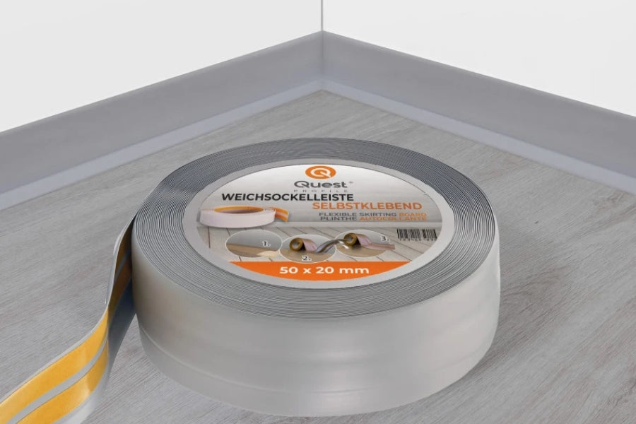 Self Adhesive Flexible PVC Skirting Board 50x20 MM x 5 M & 10 M Length Soft Trim Strip for Floor & Wall Edge Finishing
