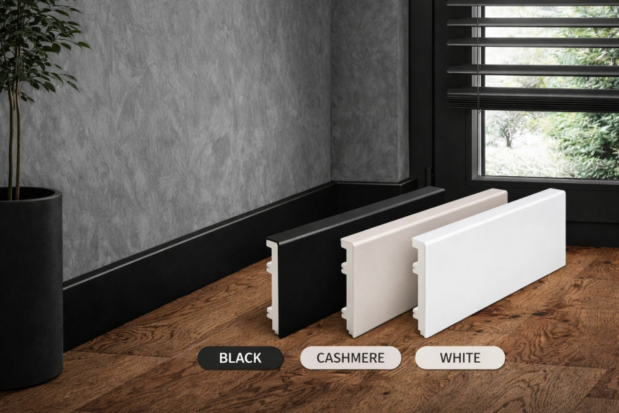 80 MM x 15 MM x 2200 MM Length â€“ PVC Skirting Board -White / Black / Cashmere- Status Line