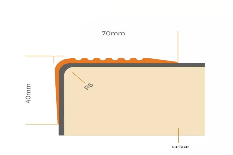 Non Slip PVC Rubber Stair Nosing 70 MM x 40 MM x 1.18 M Length RGPD